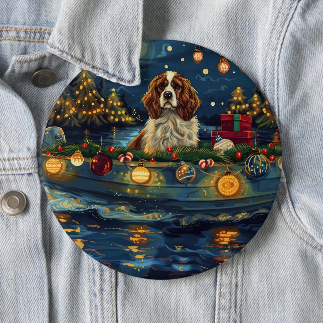 Cavalier King Charles Christmas Festive Voyage 6 Cm Round Badge (In Situ)