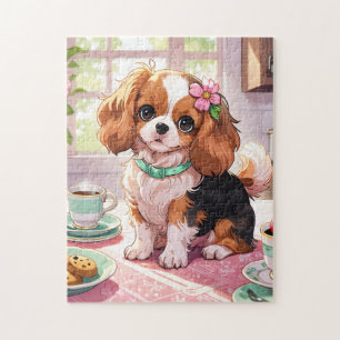 Cavalier King Charles cup of tea cottagecore Jigsaw Puzzle