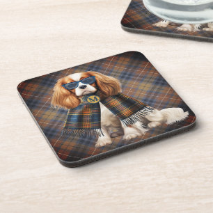 Cavalier King Charles Dog and Plaid Monogrammed Coaster