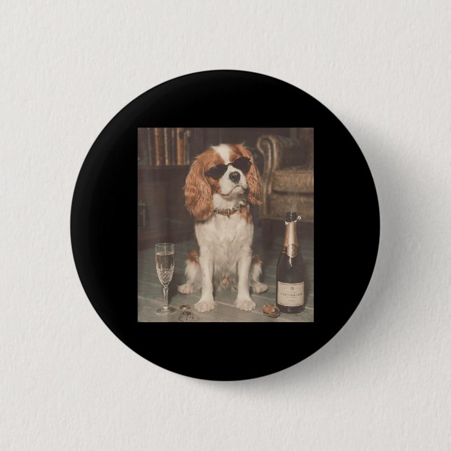 Cavalier King Charles Drinking Champagne Funny 6 Cm Round Badge (Front)