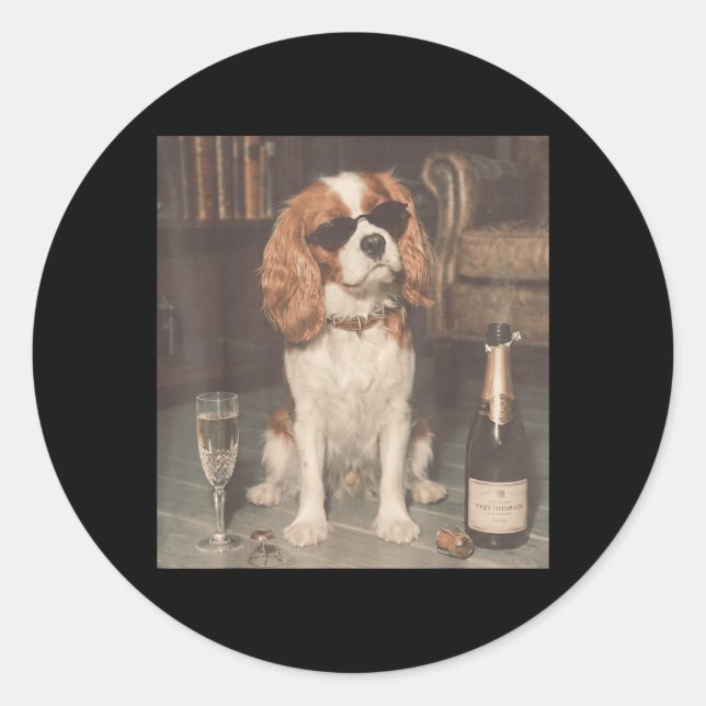 Cavalier King Charles Drinking Champagne Funny Classic Round Sticker (Front)