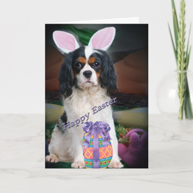 Cavalier King Charles Easter Egg Hunt Holiday Card (Front)