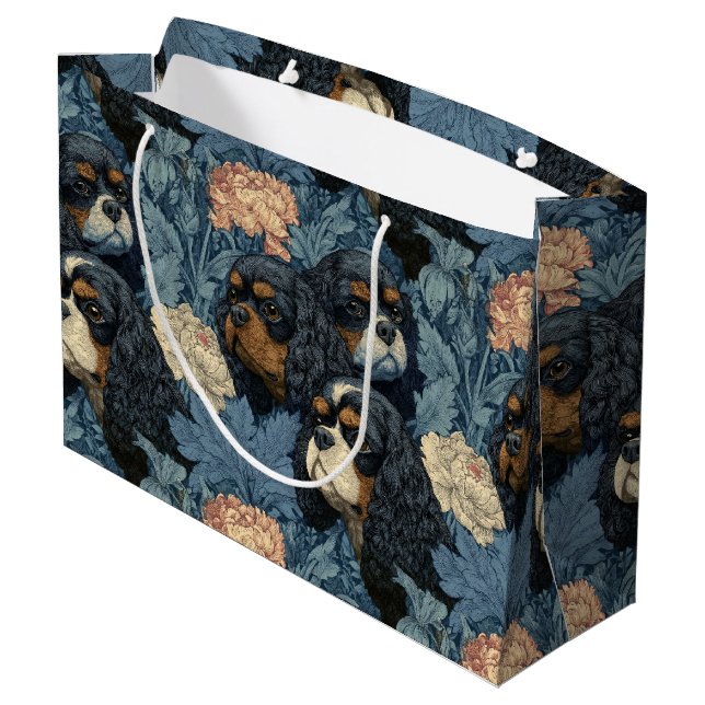 Cavalier King Charles Floral Blue Design Large Gift Bag (Back Angled)
