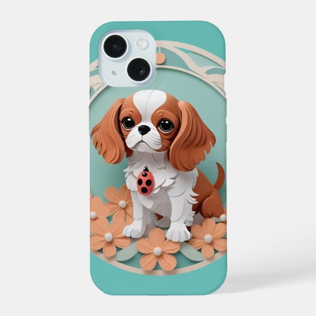 Cavalier King Charles Flowers Paper Cutting Art iPhone 15 Case (Back)
