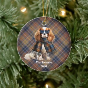 Cavalier King Charles Navy Plaid Personalised Dog Ceramic Ornament