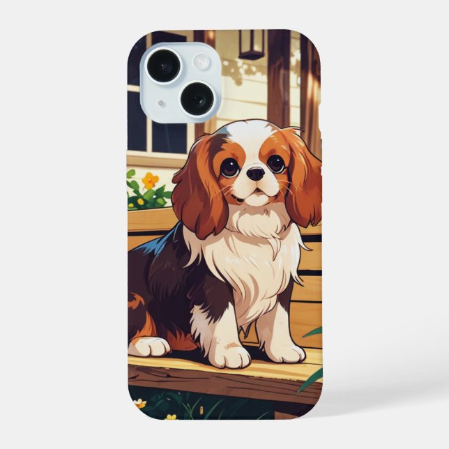 Cavalier King Charles on a bench iPhone 15 Case (Back)