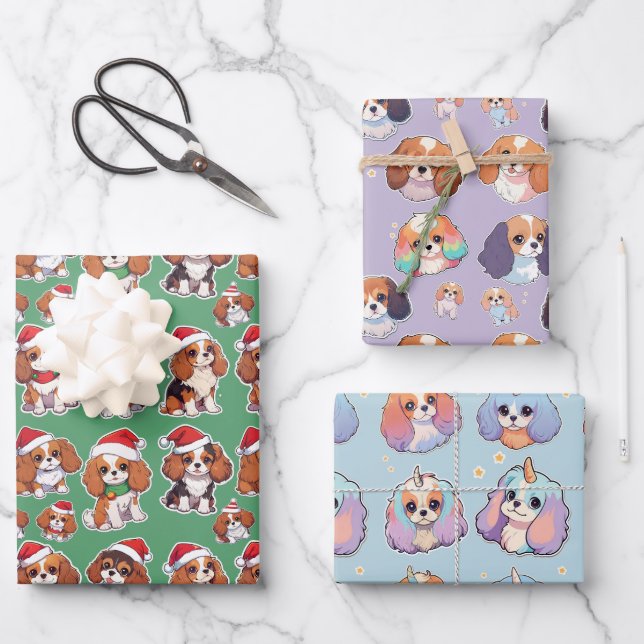 Cavalier King Charles Pastel Christmas Pattern Wrapping Paper Sheet (Front)