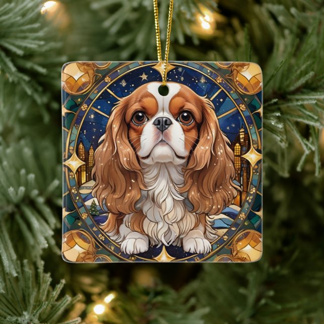 Cavalier King Charles Pastel Gold Stained Glass Ceramic Ornament (Tree)
