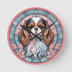 Cavalier King Charles Pastel Pink Stained Glass Round Clock