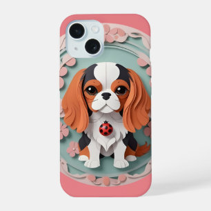 Cavalier King Charles Pink Flowers Paper Cutting iPhone 15 Case