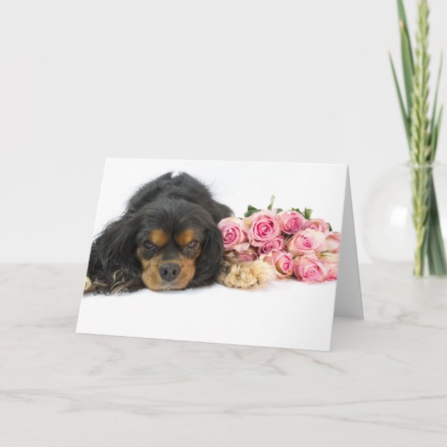 Cavalier King Charles Spaniel And Roses Card (Front)