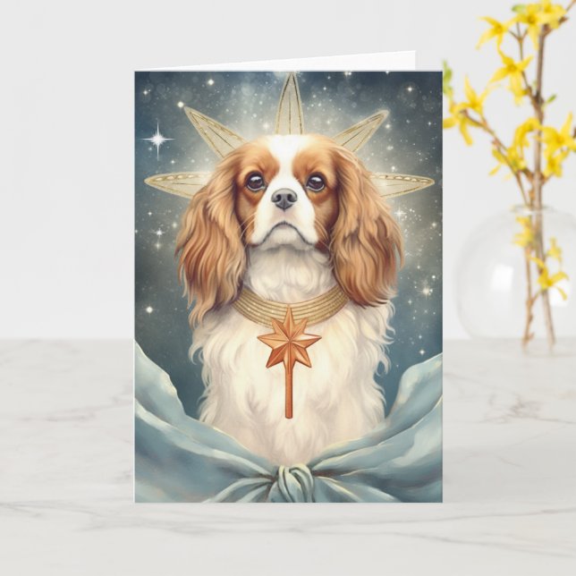 Cavalier King Charles Spaniel as a Christmas Angel Card (Yellow Flower)