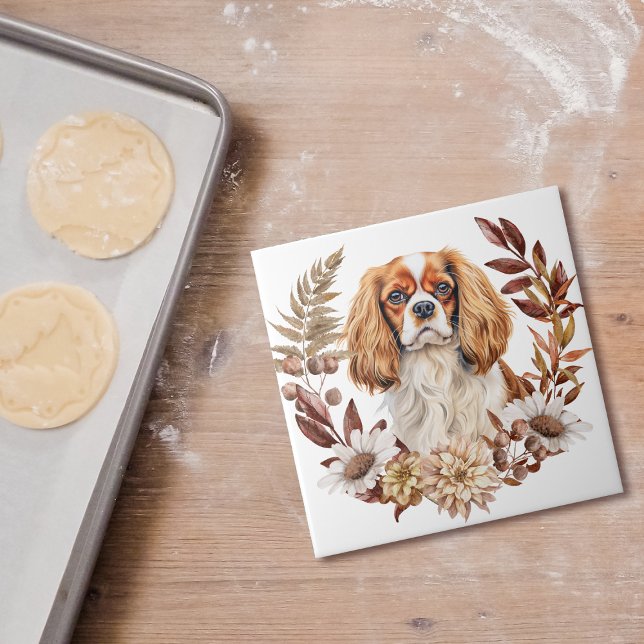 Cavalier King Charles Spaniel Autumn Wreath Ceramic Tile (Creator Uploaded)