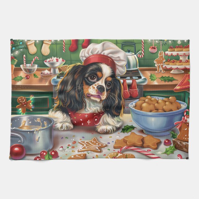 Cavalier King Charles Spaniel Baking Christmas Tea Towel (Horizontal)