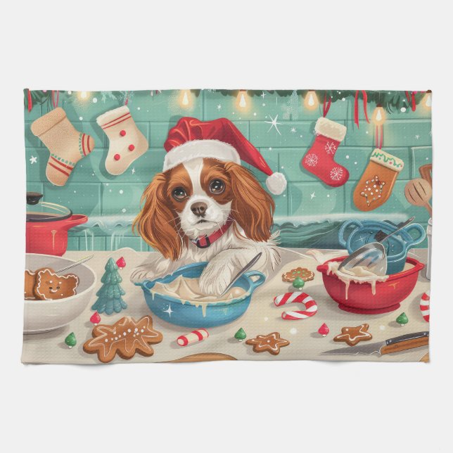 Cavalier King Charles Spaniel Baking Christmas Tea Towel (Horizontal)
