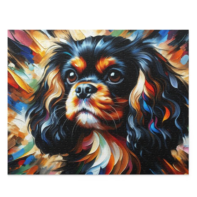  Cavalier King Charles Spaniel Black and Tan Art Jigsaw Puzzle (Black & Tan Cavalier Jigsaw Puzzle. Artistic acrylic style. Available in 30-1014 pieces.)