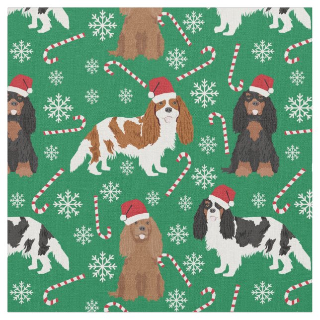 Cavalier King Charles Spaniel candy cane green Fabric (Close Up)