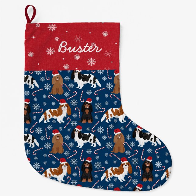 Cavalier King Charles Spaniel candy cane name Large Christmas Stocking (Front)