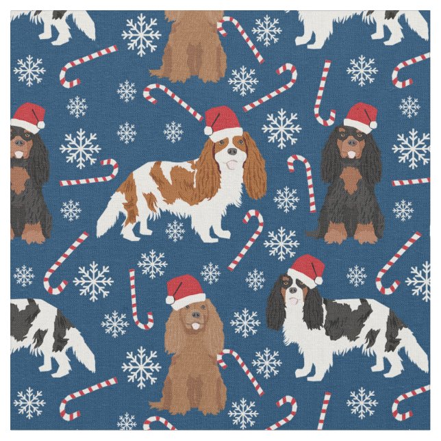 Cavalier King Charles Spaniel candy cane navy Fabric (Close Up)