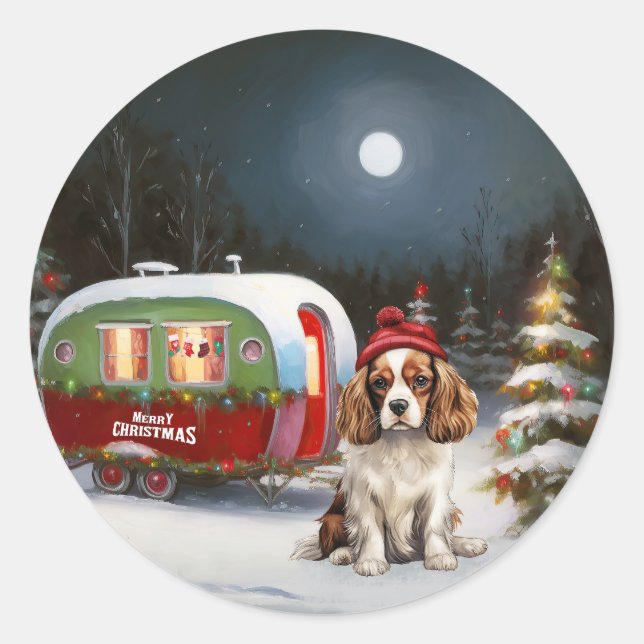 Cavalier King Charles Spaniel Caravan Christmas  Classic Round Sticker (Front)