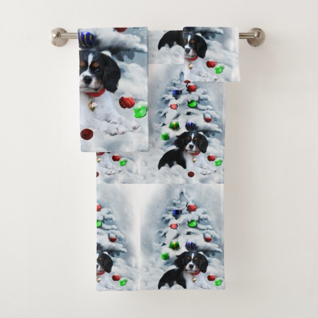 Cavalier King Charles Spaniel Christmas Bath Towel Set (Insitu)