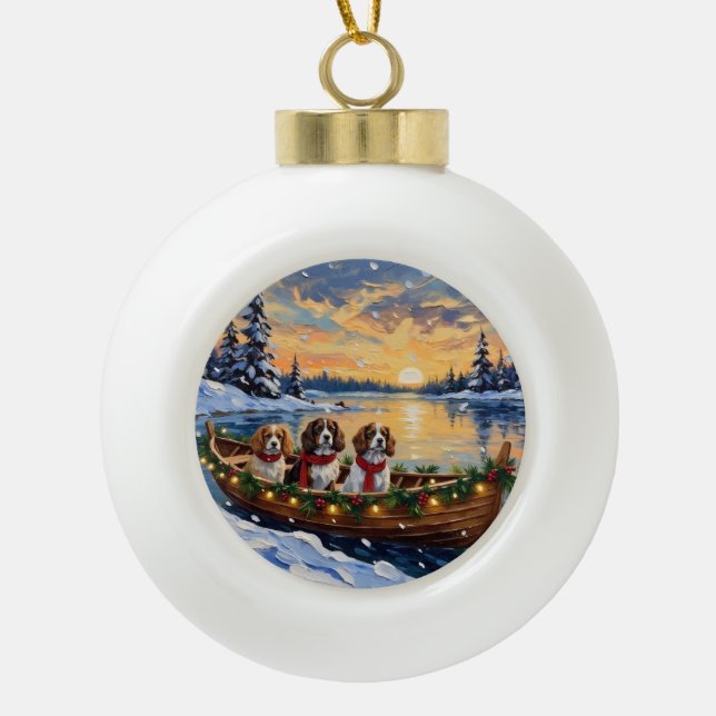 Cavalier King Charles Spaniel Christmas Boat Ceramic Ball Christmas Ornament (Front)