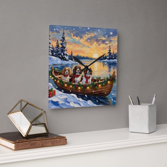 Cavalier King Charles Spaniel Christmas Boat Square Wall Clock (Office)