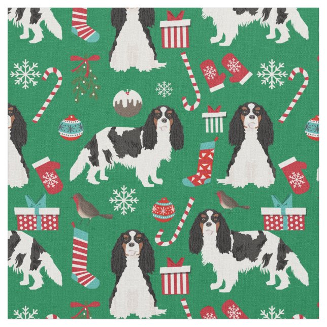 Cavalier King Charles Spaniel christmas green Fabric (Close Up)