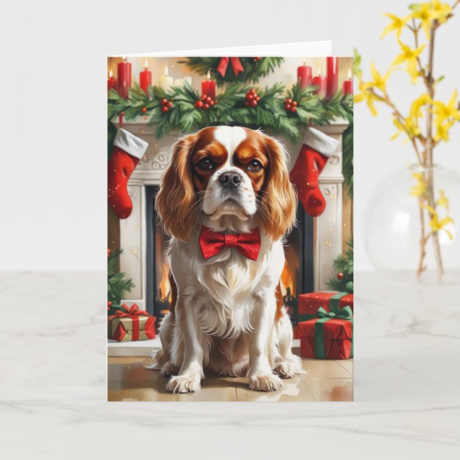 Cavalier King Charles Spaniel Christmas Greeting Card (Yellow Flower)