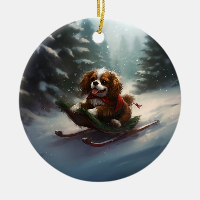 Cavalier King Charles Spaniel  Christmas snow Ceramic Ornament (Front)
