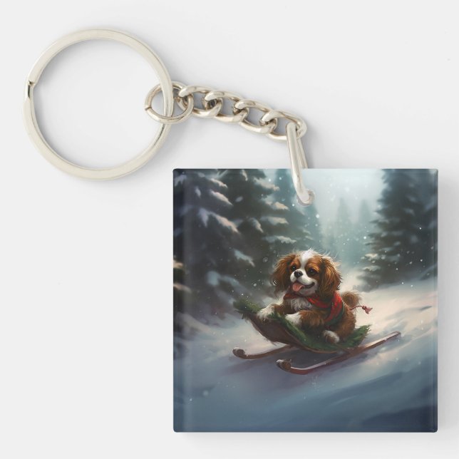 Cavalier King Charles Spaniel  Christmas snow Key Ring (Front)