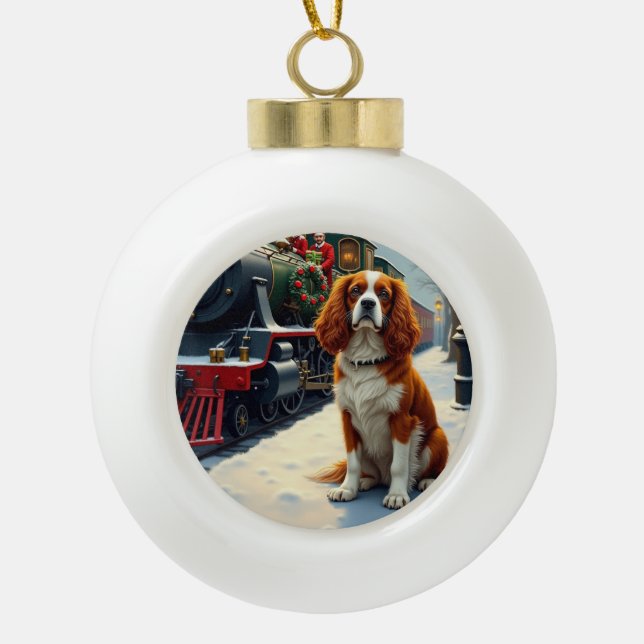 Cavalier King Charles Spaniel Christmas Train Ceramic Ball Christmas Ornament (Front)