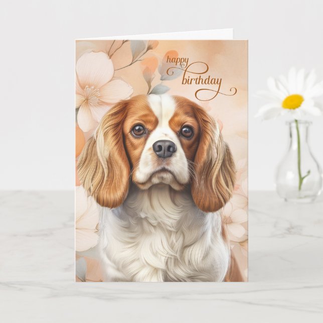 Cavalier King Charles Spaniel Dog Blossom Birthday Card (Small Plant)