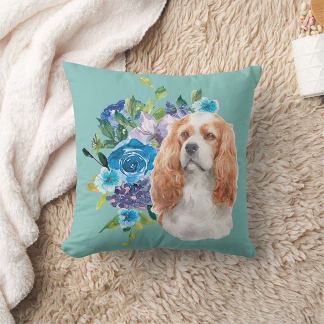 Cavalier King Charles Spaniel Dog Blue Floral Cushion (Blanket)