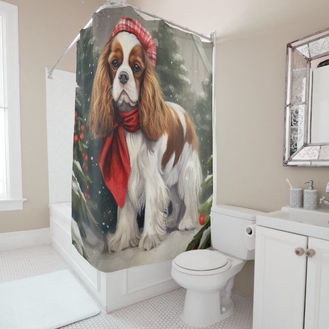 Cavalier King Charles Spaniel Dog Christmas Shower Curtain (In Situ)