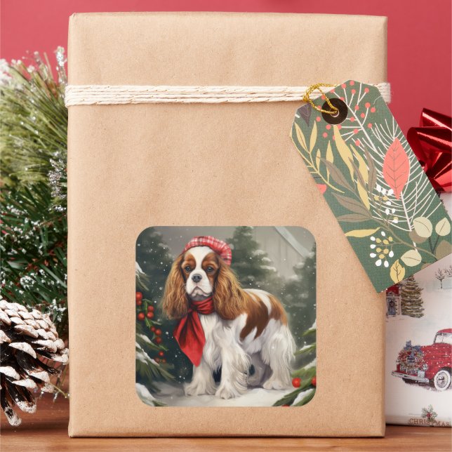 Cavalier King Charles Spaniel Dog Christmas Square Sticker (Holiday)
