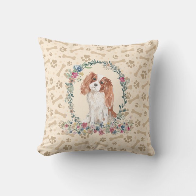 Cavalier King Charles Spaniel Dog Paw Print Floral Cushion (Front)