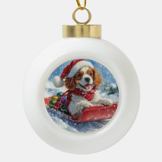 Cavalier King Charles Spaniel Dog Sledge Christmas Ceramic Ball Christmas Ornament (Front)