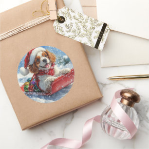 Cavalier King Charles Spaniel Dog Sledge Christmas Classic Round Sticker