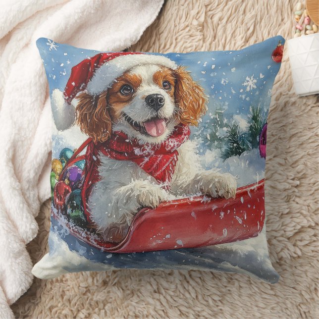 Cavalier King Charles Spaniel Dog Sledge Christmas Cushion (Blanket)