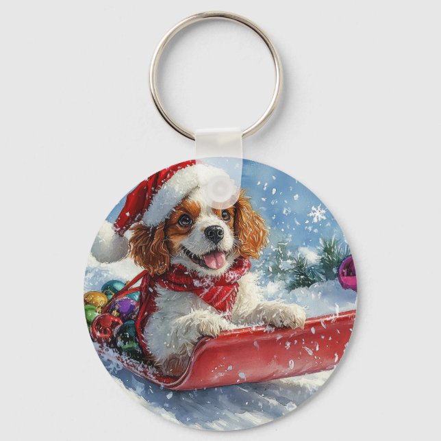 Cavalier King Charles Spaniel Dog Sledge Christmas Key Ring (Front)