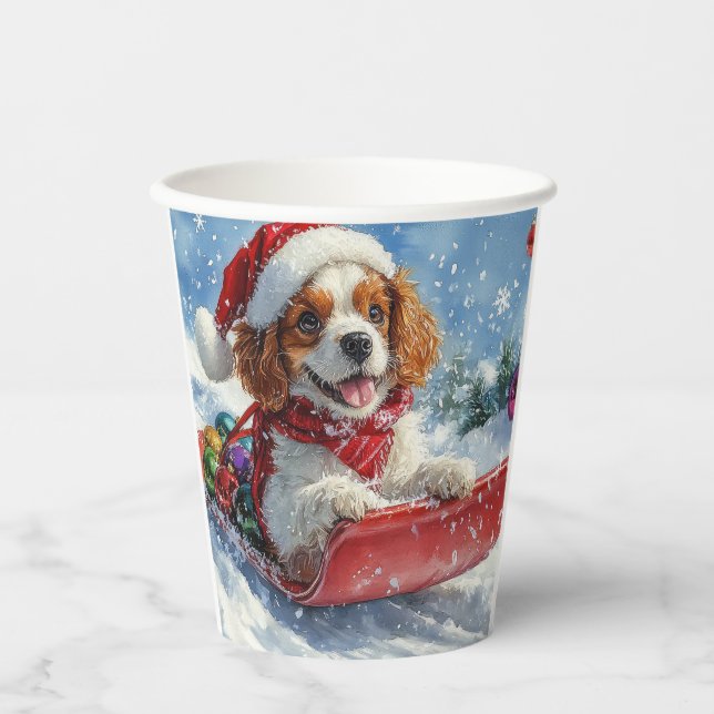 Cavalier King Charles Spaniel Dog Sledge Christmas Paper Cups (Front)