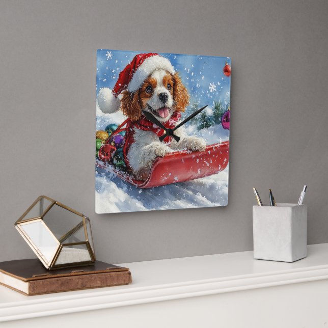 Cavalier King Charles Spaniel Dog Sledge Christmas Square Wall Clock (Office)