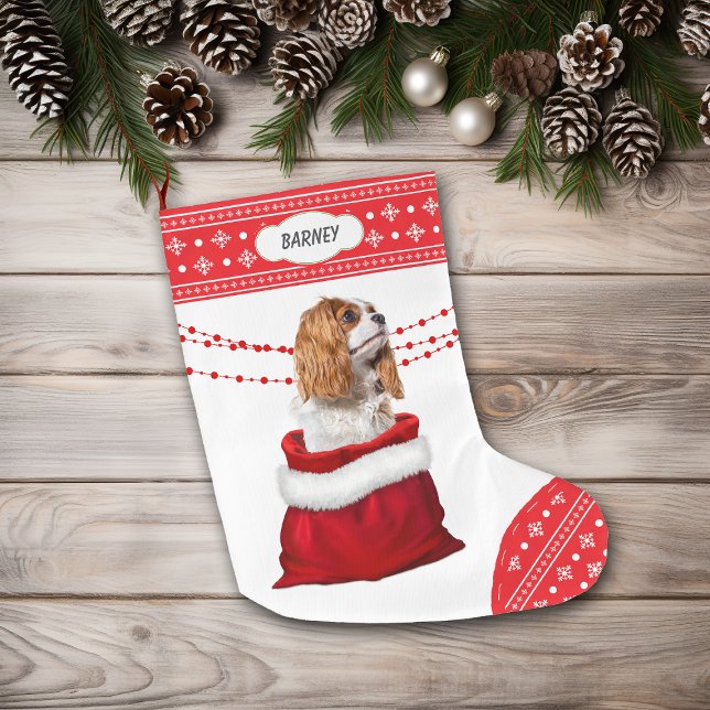 Cavalier King Charles Spaniel Dog Snowflake Border Large Christmas Stocking (Creator Uploaded)