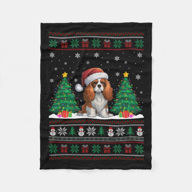 Cavalier King Charles Spaniel Dog Xmas Tree Lights Fleece Blanket (Front)