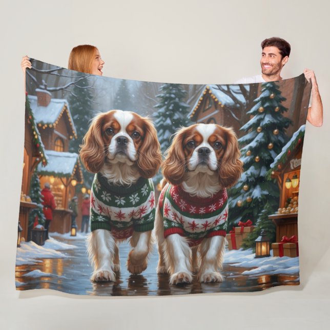 Cavalier King Charles Spaniel Dogs Christmas Snow  Fleece Blanket (In Situ)