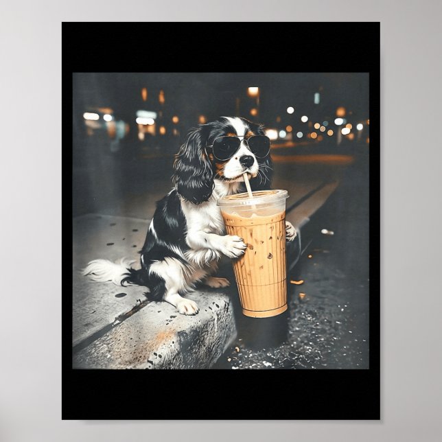 Cavalier king charles spaniel drinking iced coffee poster (Front)