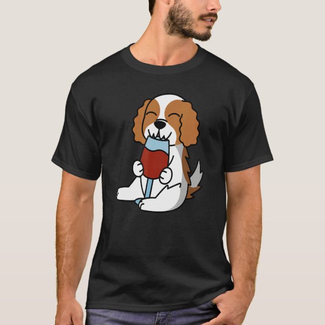 Cavalier King Charles Spaniel Drinking Wine Dog T-Shirt (Front)