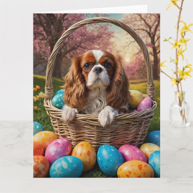 Cavalier King Charles Spaniel Easter Eggs Card (Yellow Flower)