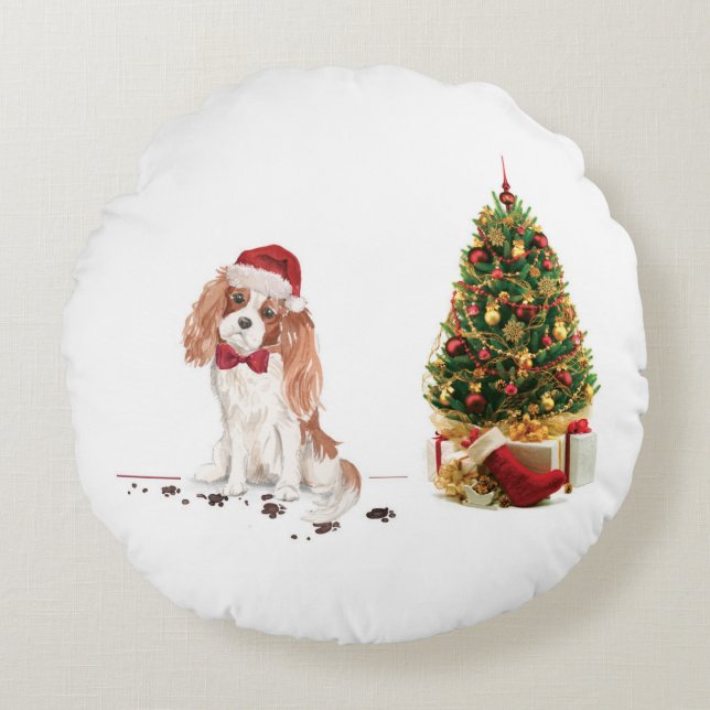Cavalier King Charles Spaniel Funny Christmas Dog Round Cushion (Front)